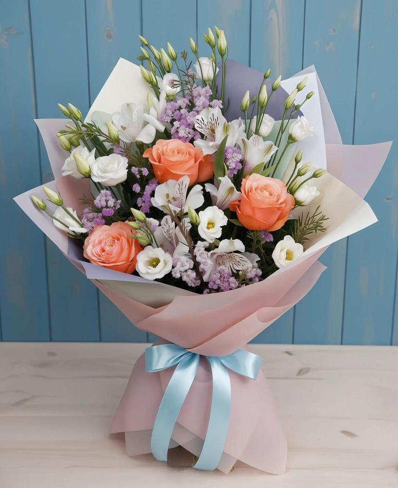 Букет цветов из: Лизиантусы, Розы, Альстромерии и Гипсофила в Лаишево